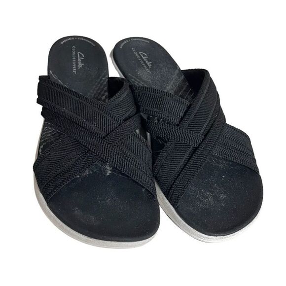 CLARKS Sandals Mira Isle Slide Black White Cloudsteppers Textile Upper Size 10 - Picture 2 of 9